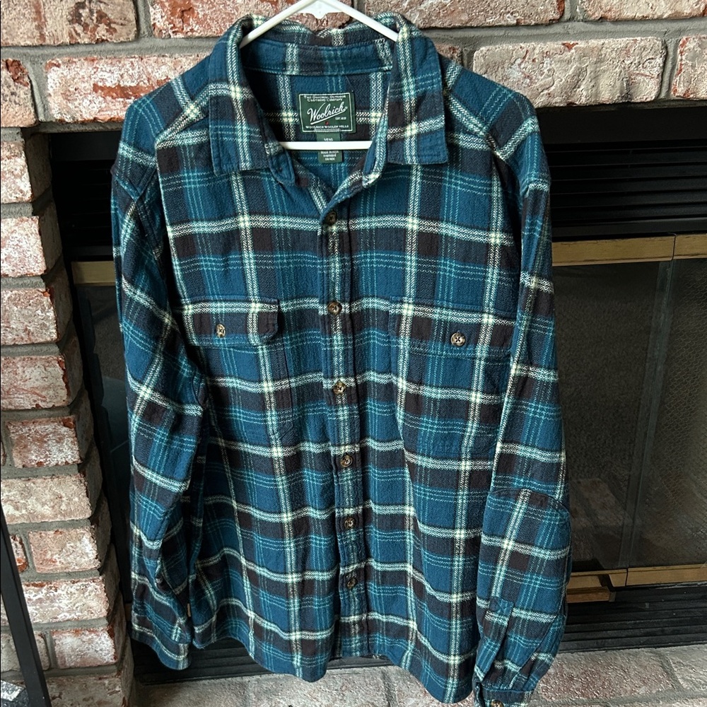 Woolrich Teal and Black Plaid Long Sleeve Button Down‎ Shirt Mens Size XL